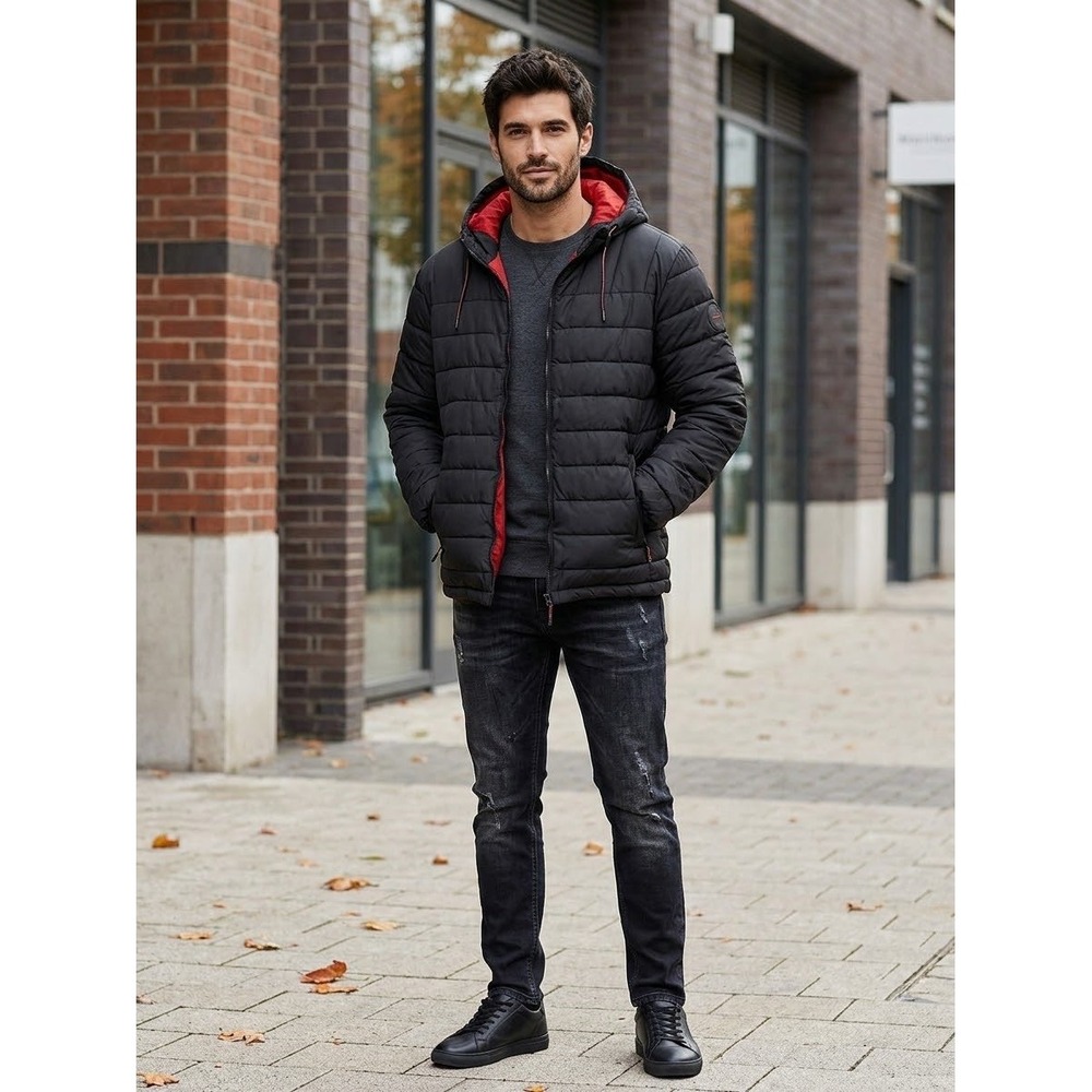 Hawke & Co Mens Performance Puffer Jacket Black Red Hooded HLN3005 Size L